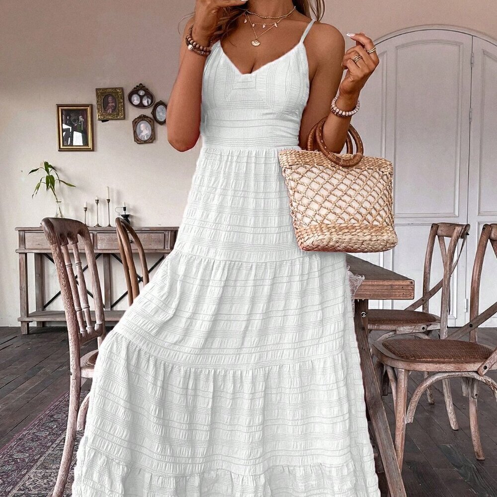 White Casual Women's Ruffle Hem Spaghetti Strap Dress - Picture 6 of 7